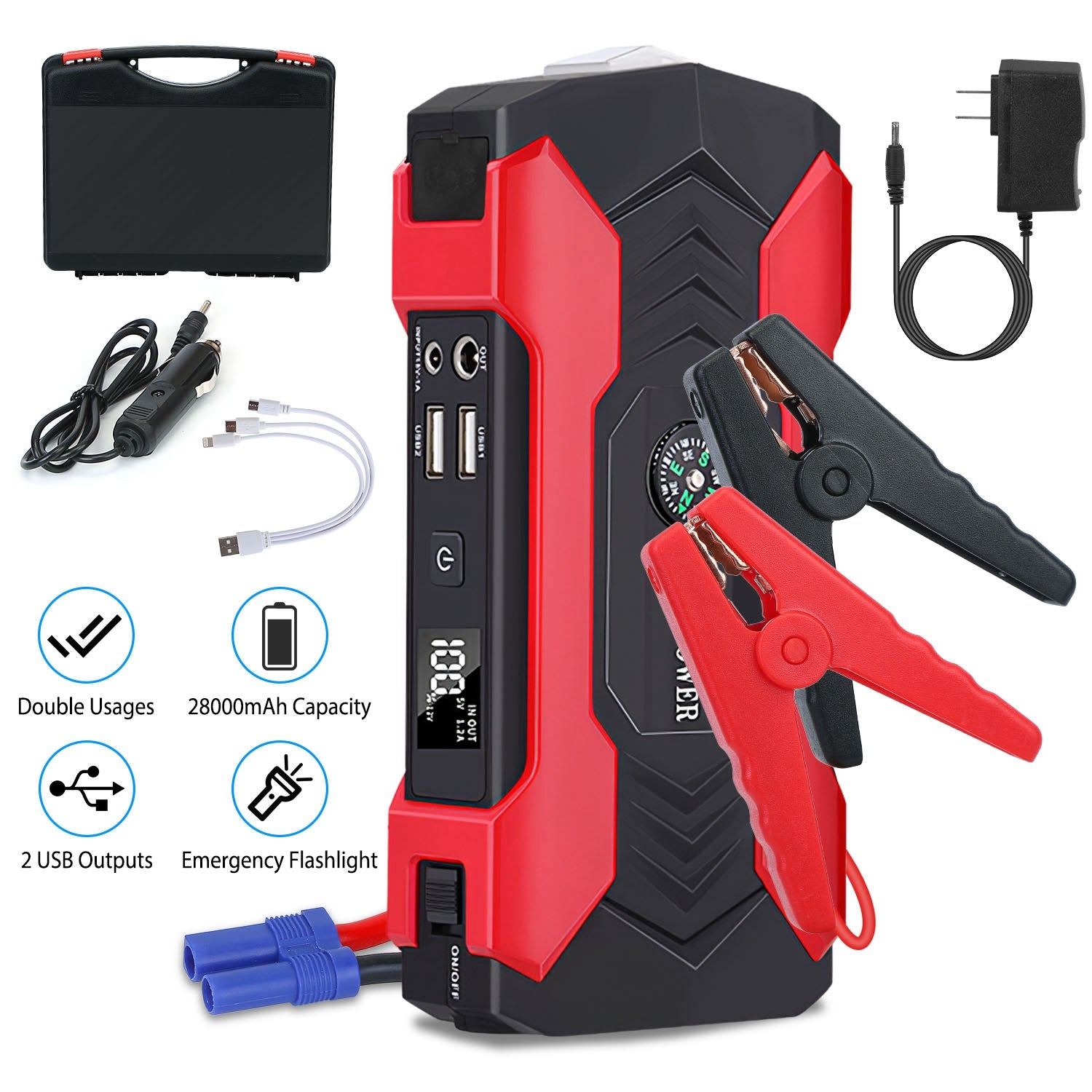 Car Jump Starter 800A 28000mAh with LCD & LED Light